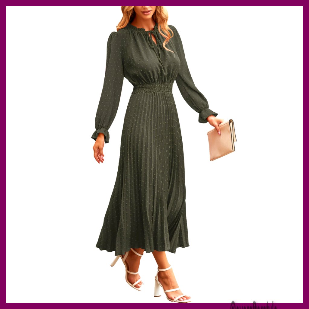 Swiss Dot Midi Dress Long Sleeve V Neck Pleated A Line Flowy Casual Elegant